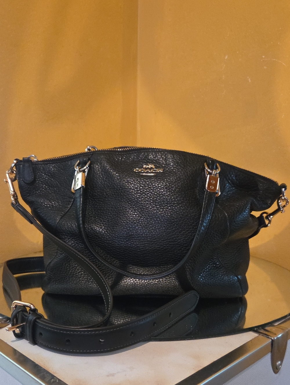 Coach Black Pebbled Leather Satchel with Gold Accents